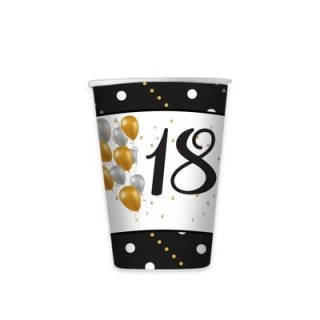 Bicchieri  in cartoncino i  18 anni Nero Oro Bianco e Argento - 8 pezzi - 200 cc.