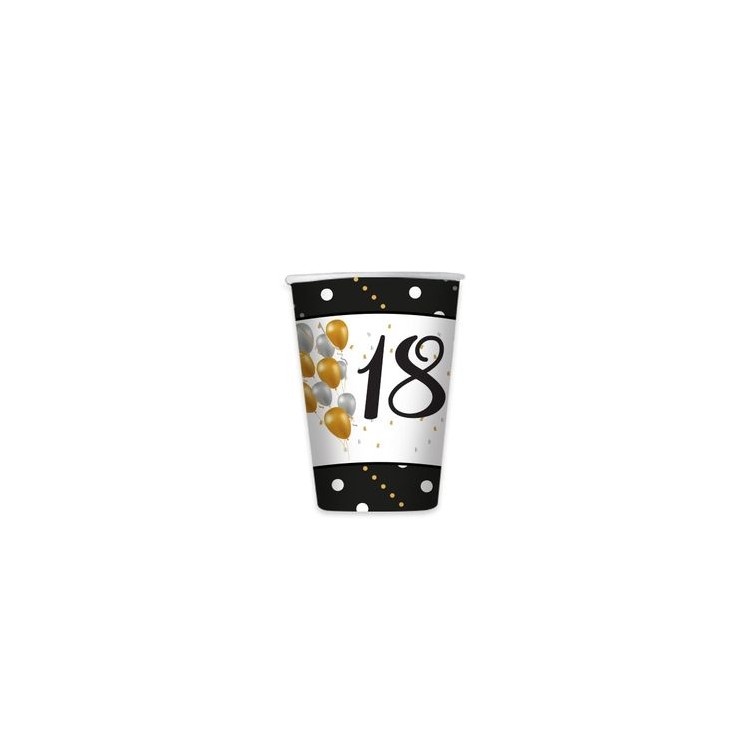 Bicchieri  in cartoncino i  18 anni Nero Oro Bianco e Argento - 8 pezzi - 200 cc.