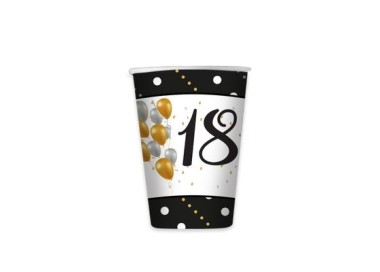 Bicchieri  in cartoncino i  18 anni Nero Oro Bianco e Argento - 8 pezzi - 200 cc.