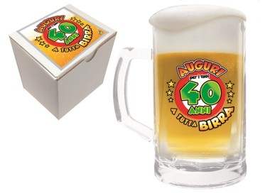  Bicchiere/Boccale con manico per la birra  40 anni - 1 pezzo - in vetro- con stampa Auguri per i tuoi 40 a tutta birra