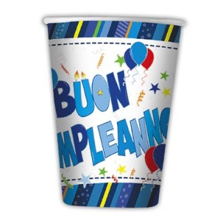BICCHIERI BUON COMPLEANNO UOMO (blù,celeste , giallo , rosso , arancione e verde lime)  - da 200 cc - Confez. 10  pezzi