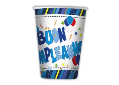 BICCHIERI BUON COMPLEANNO UOMO (blù,celeste , giallo , rosso , arancione e verde lime)  - da 200 cc - Confez. 10  pezzi