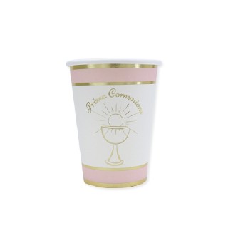 BICCHIERI IN CARTONCINO  COMUNIONE BIMBA  ROSA   BIANCHI e ORO  200 cc - Confez. 8 pezzi