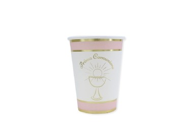 BICCHIERI IN CARTONCINO  COMUNIONE BIMBA  ROSA   BIANCHI e ORO  200 cc - Confez. 8 pezzi