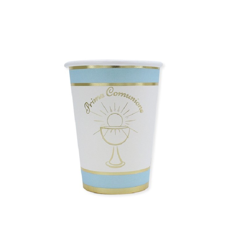 BICCHIERI IN CARTONCINO COMUNIONE BIMBO CELESTE BIANCHI e ORO 200 cc - Confez. 8 pezzi BICCHIERI IN CARTONCINO COMUNIONE BIMBO CELESTE BIANCHI e ORO 200 cc - Confez. 8 pezzi