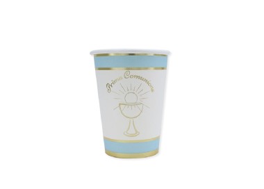 BICCHIERI IN CARTONCINO  COMUNIONE BIMBO  CELESTE  BIANCHI e ORO  200 cc - Confez. 8 pezzi