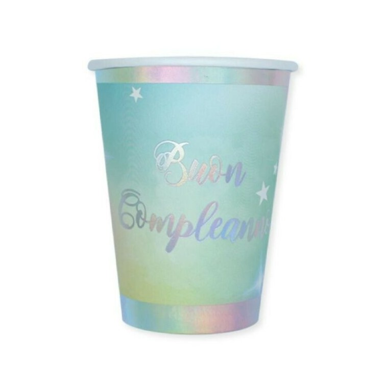 BICCHIERI IN CARTONCINO BUON COMPLEANNO RAINBOW - da 200 cc - Confez. 8  pezzi