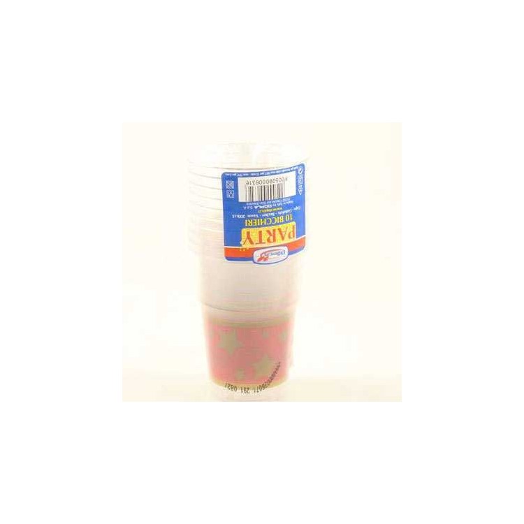 Bicchieri in plastica 200 CC  pz.10 colore Trasparente Natalizi  con fascia rossa e stelle oro  dopla