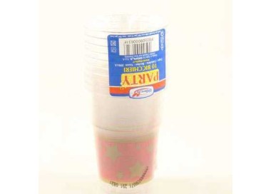 Bicchieri in plastica 200 CC  pz.10 colore Trasparente Natalizi  con fascia rossa e stelle oro  dopla