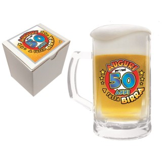  Bicchiere/Boccale con manico per la birra  50 anni - 1 pezzo - in vetro- con stampa Auguri per i tuoi 50 a tutta birra