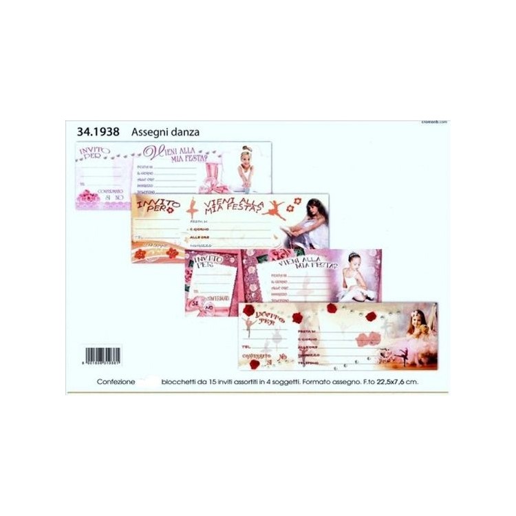 Biglietti INVITI DANZA per Compleanno (Nuovo) - Blocchetto da 15 inviti - L 22,5 cm x H 7,6 cm - 1 pezzo