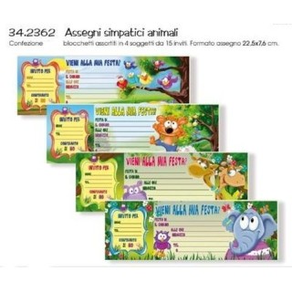 Biglietti INVITI SIMPATICI ANIMALI per Compleanno  (Nuovo) - Blocchetto da 15 inviti - L 22,5 cm x H 7,6 cm - 1 pezzo
