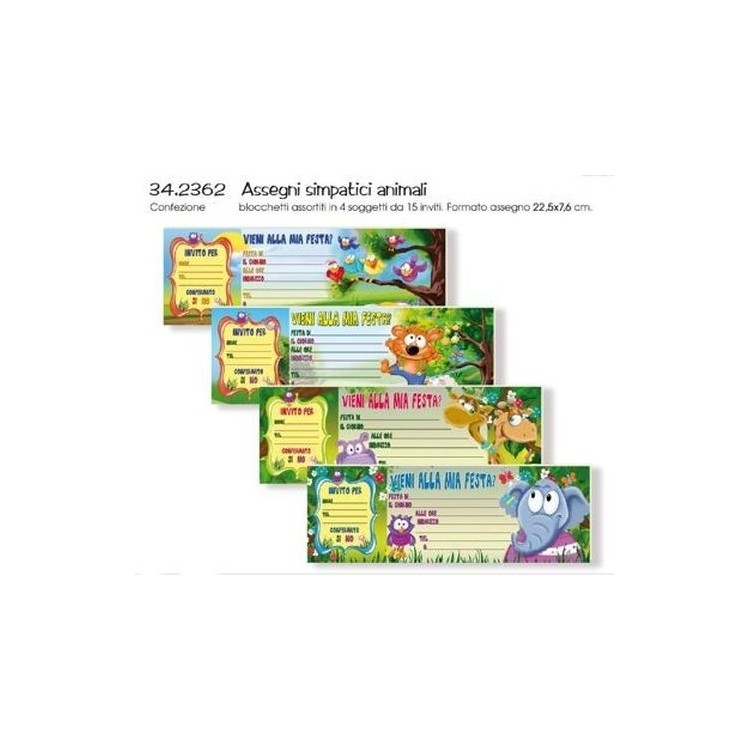 Biglietti INVITI SIMPATICI ANIMALI per Compleanno  (Nuovo) - Blocchetto da 15 inviti - L 22,5 cm x H 7,6 cm - 1 pezzo