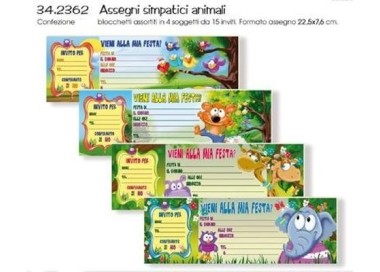 Biglietti INVITI SIMPATICI ANIMALI per Compleanno  (Nuovo) - Blocchetto da 15 inviti - L 22,5 cm x H 7,6 cm - 1 pezzo