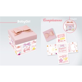 Biglietto  compleanno  Bimba ( BABY GIRL)   Box Skatush  fantasia scatola rosa e bianca  a pois    pz 1