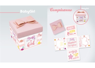 Biglietto  compleanno  Bimba ( BABY GIRL)   Box Skatush  fantasia scatola rosa e bianca  a pois    pz 1