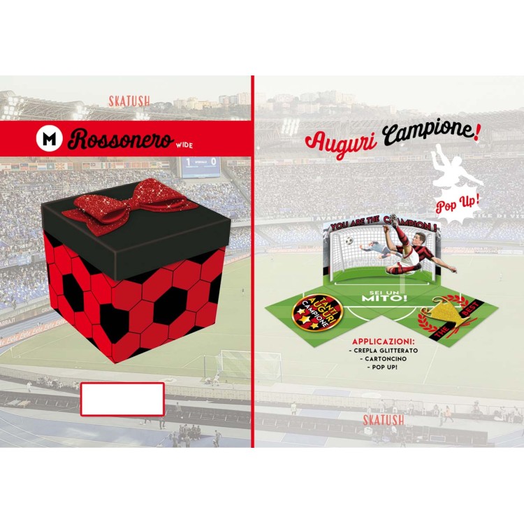 Biglietto Calcio Rosso  Nero colori Milan  (AUGURI CAMPIONE)   Box Skatush  fantasia palloncini   pz 1