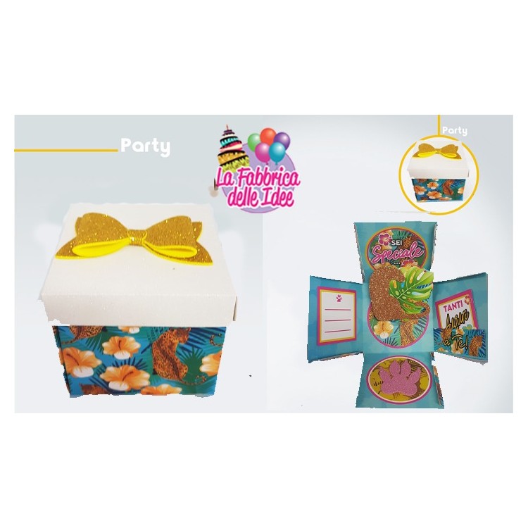 Biglietto Glitterato  sorpresa modello  Leopardo (Sei Speciale - Tanti Auguri a Te !   )   Box Skatush  fantasia foglie fiori e